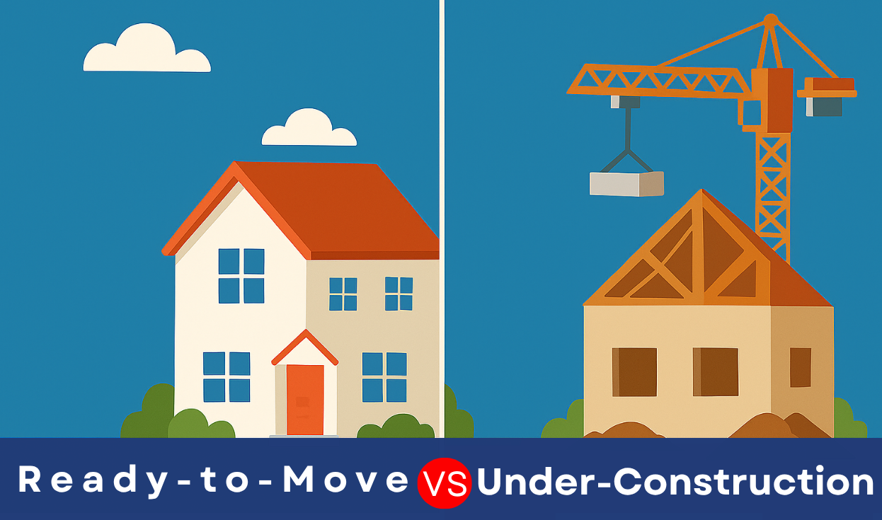 Illustration comparing a ready-to-move house and an under-construction property with a crane.