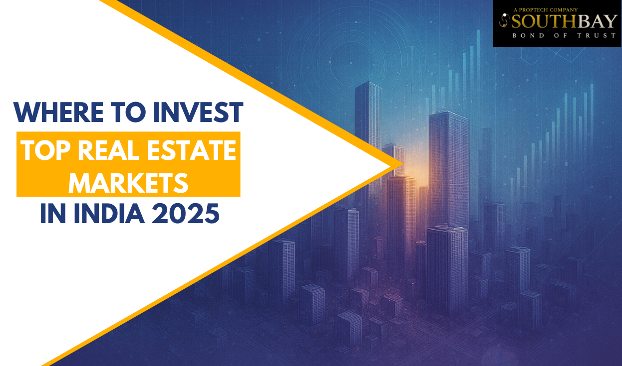 Where to invest in top real estate markets in India 2025 with futuristic city skyline and investment growth concept.