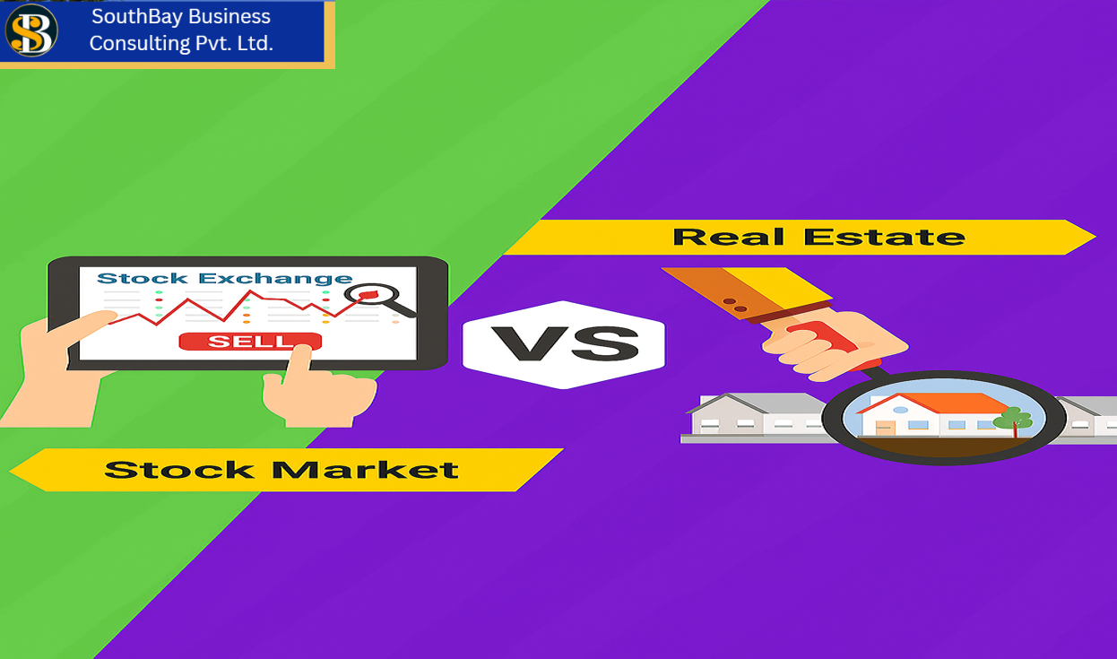 Illustration showing a stock market vs real estate investment comparison. Left side features a tablet with stock exchange chart and “SELL” button, while the right side highlights a magnifying glass over a house.