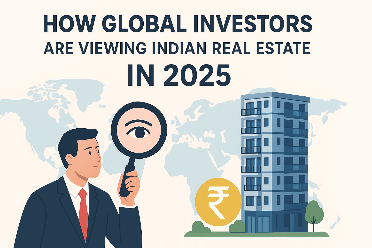 Illustration showing a global investor analyzing Indian real estate in 2025 with a magnifying glass, modern building, and Indian Rupee symbol.