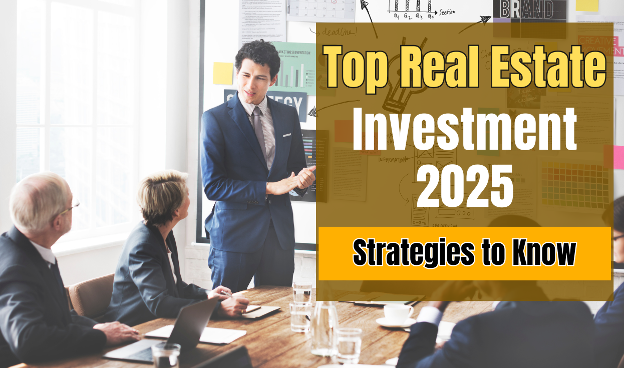 Business professional presenting real estate investment strategies for 2025 to a group of executives in a meeting room.