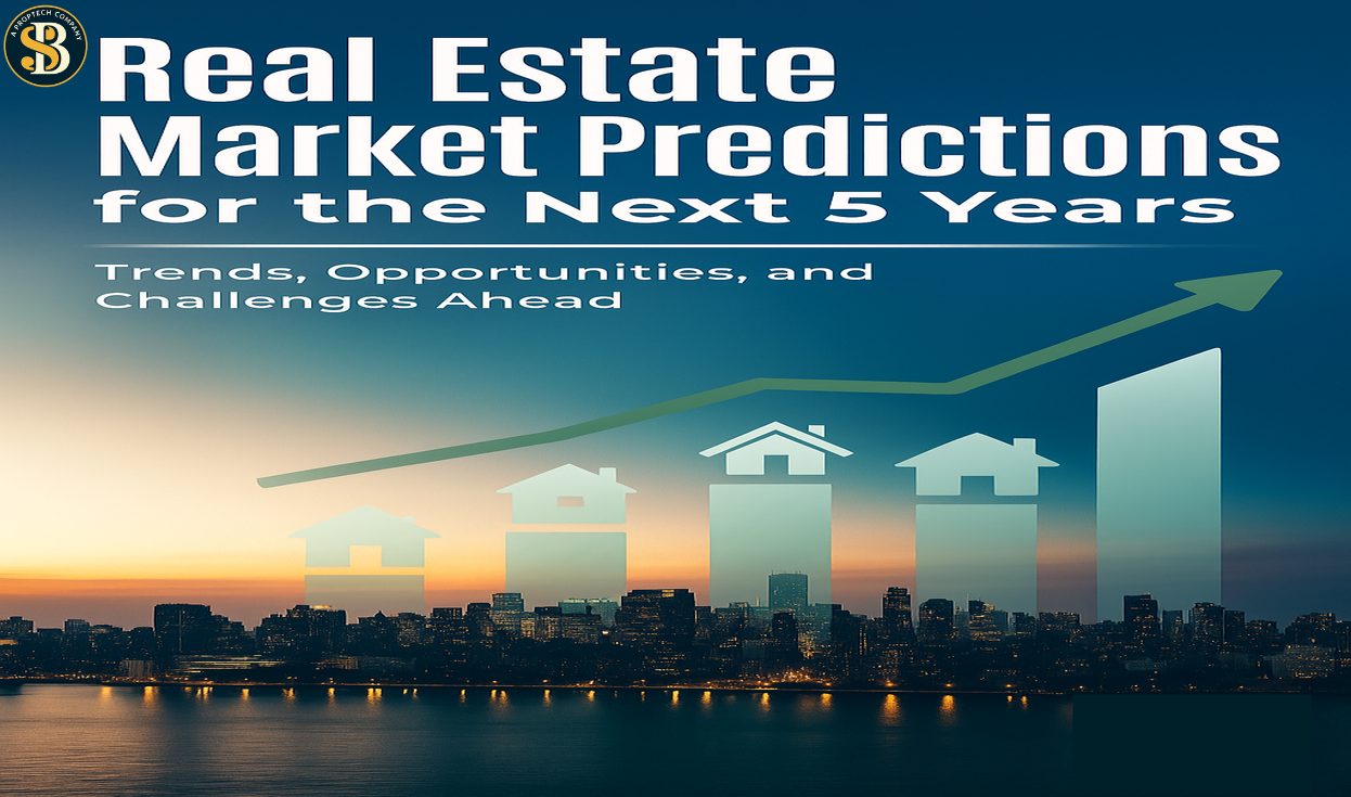 Infographic showing real estate market predictions for the next 5 years with rising growth chart, housing icons, and city skyline background.