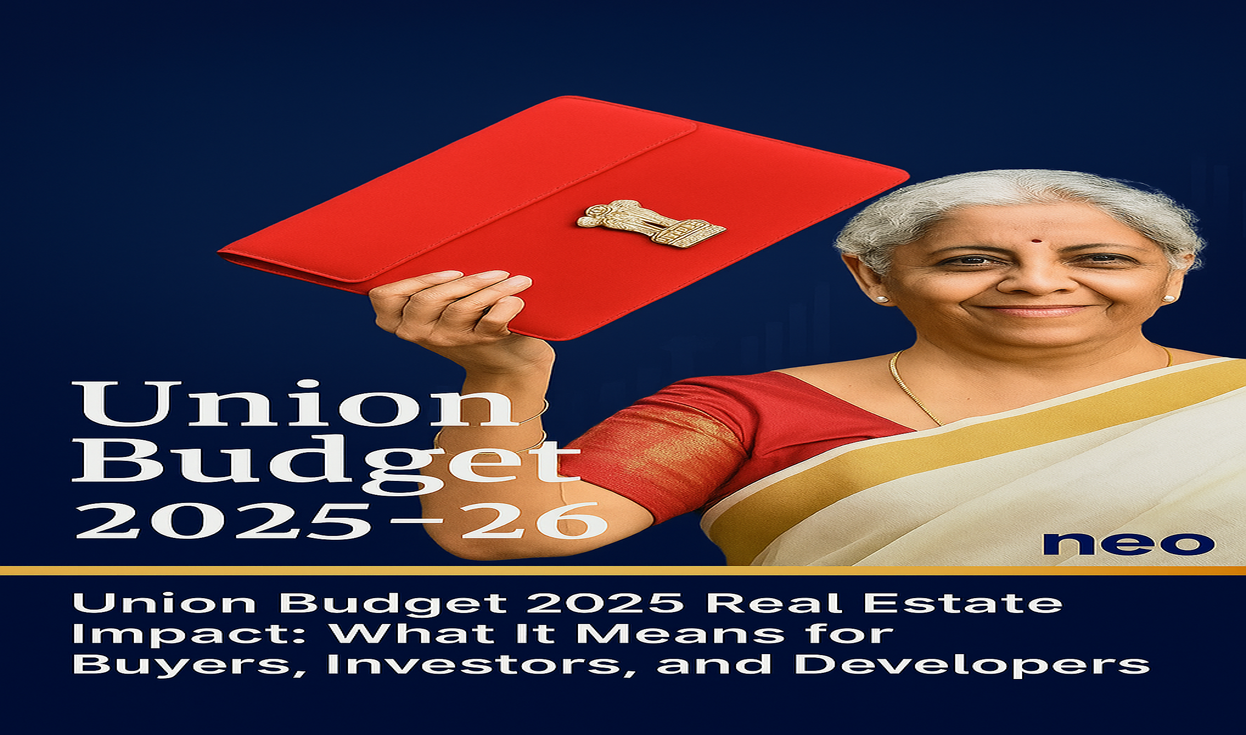Woman holding a red budget briefcase with the Indian emblem, alongside text about Union Budget 2025–26 and its real estate impact.