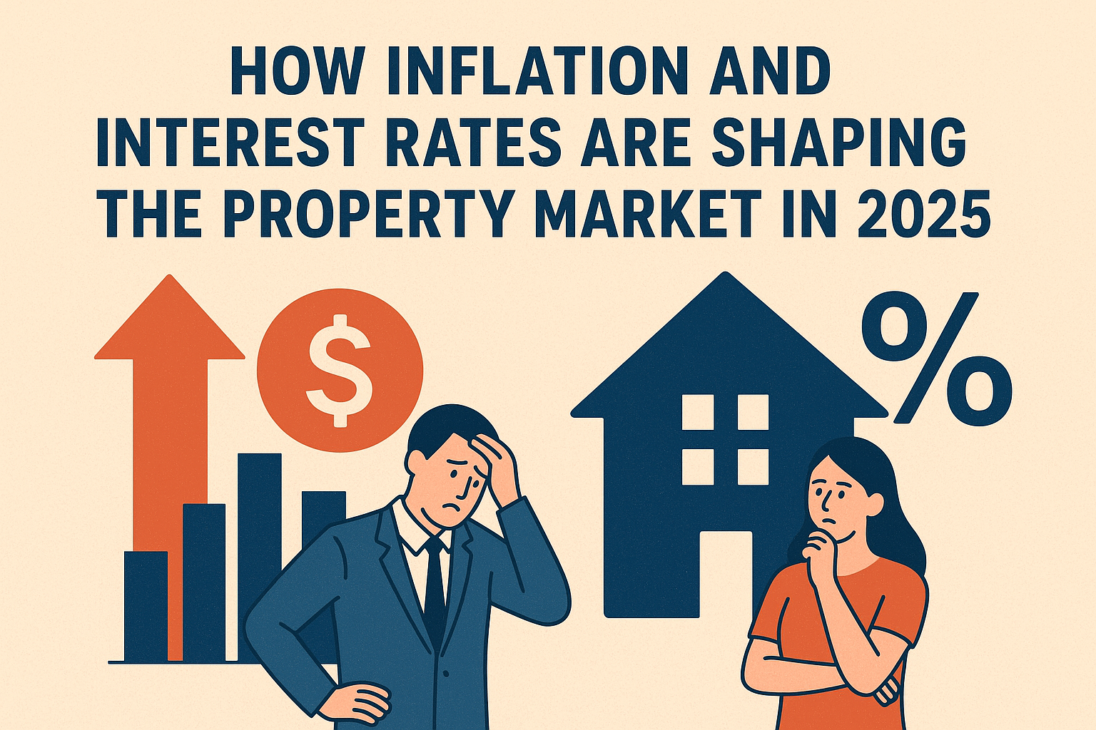 Illustration showing the impact of rising inflation and interest rates on the 2025 property market, featuring a worried businessman, a house icon, and financial symbols.