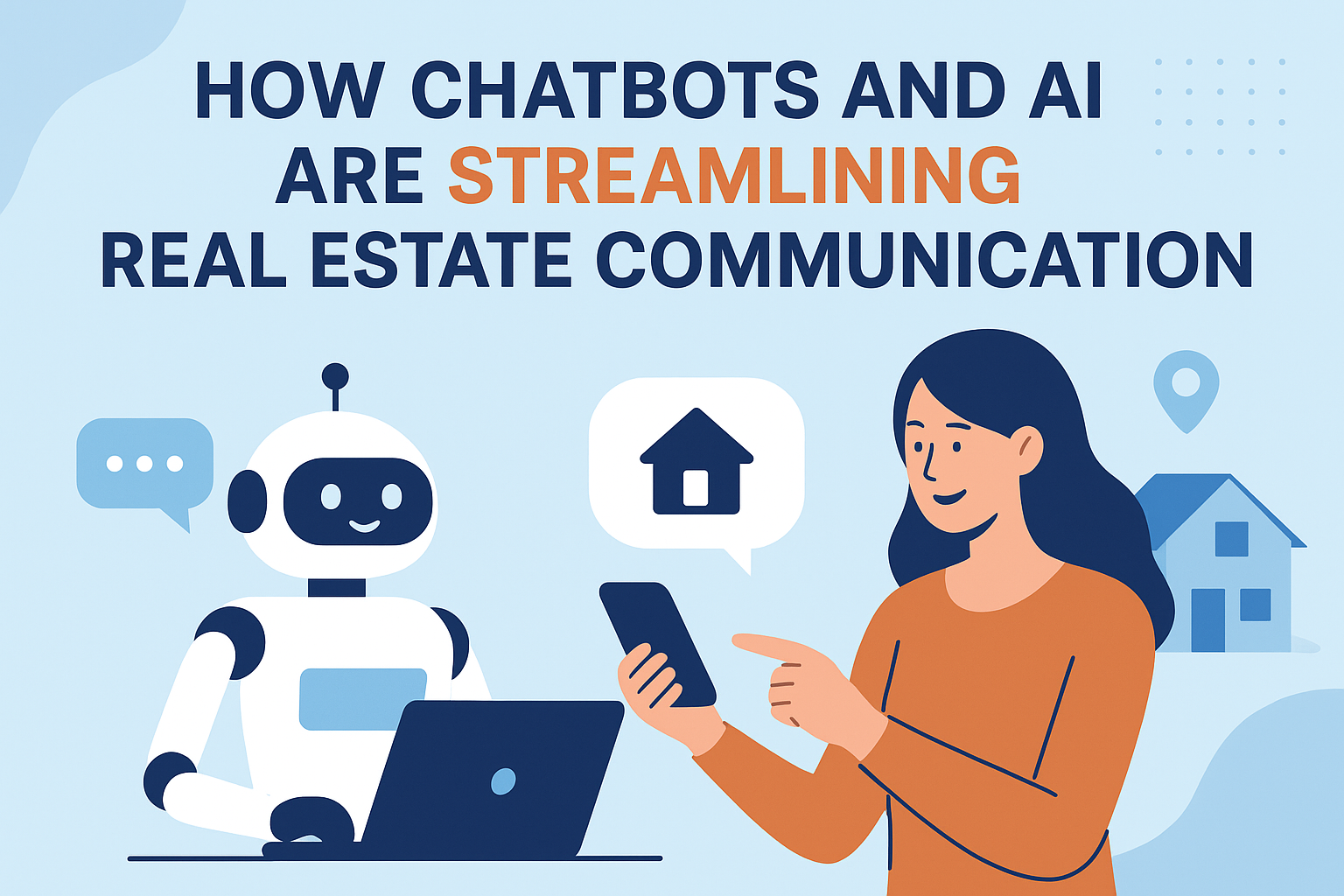 Illustration of a chatbot and a real estate agent communicating through digital messages, representing AI-powered real estate communication.