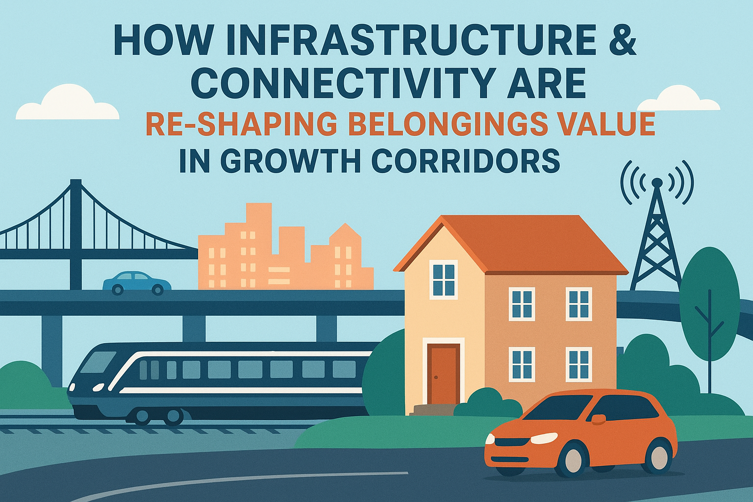 Illustration showing a house, highway, and train symbolizing how infrastructure and connectivity influence property values in developing urban areas.