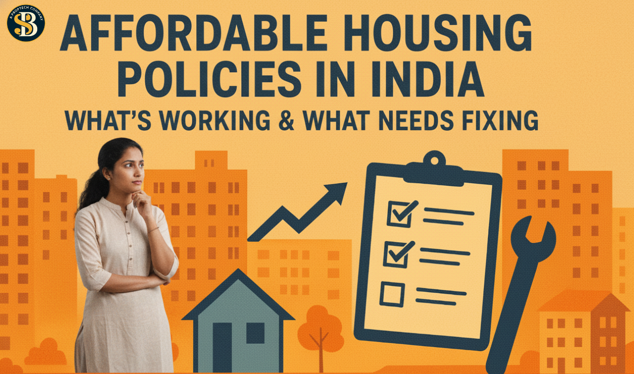 Illustration on affordable housing policies in India showing a thoughtful woman, a checklist, and urban buildings in the background with the text “What’s Working & What Needs Fixing.”