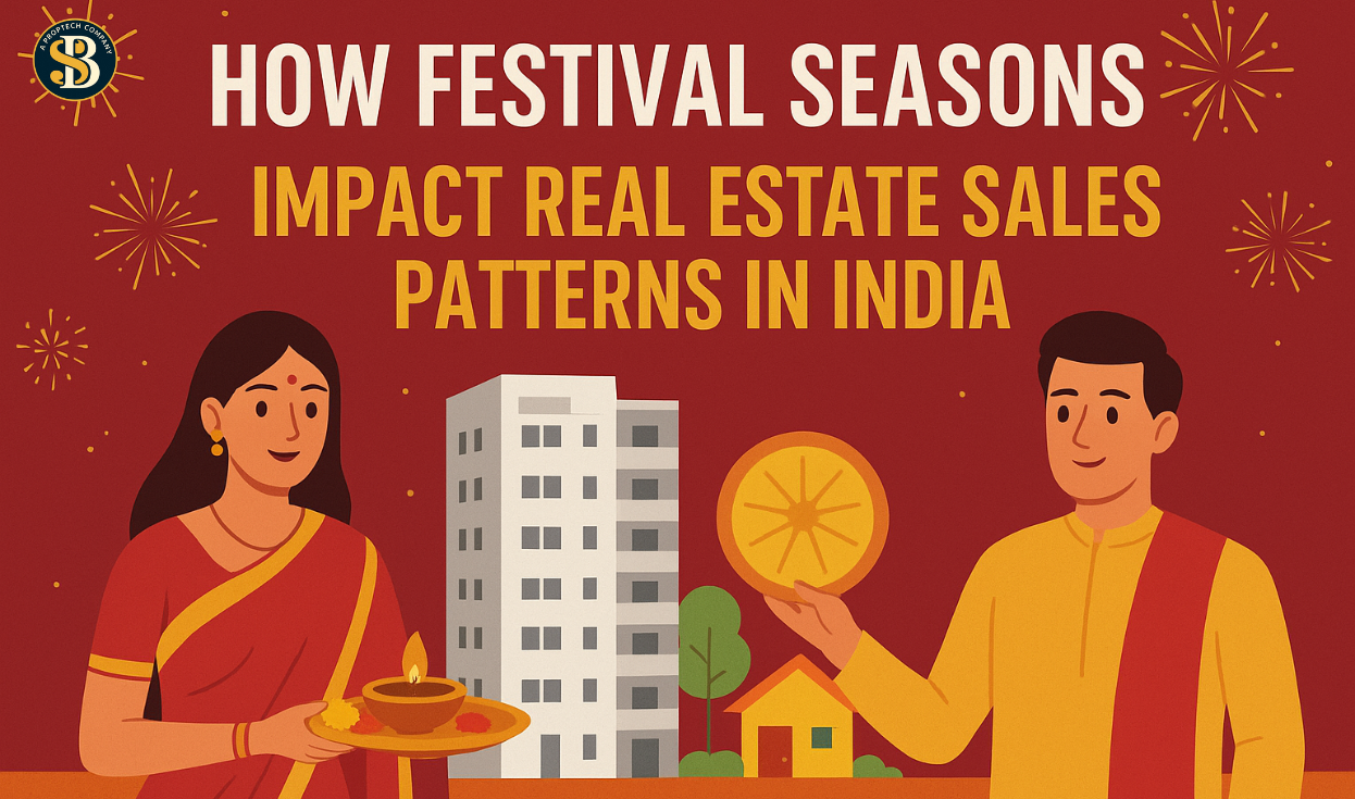 Illustration of an Indian couple celebrating Diwali in front of new homes, symbolizing the impact of festival seasons on real estate sales in India.